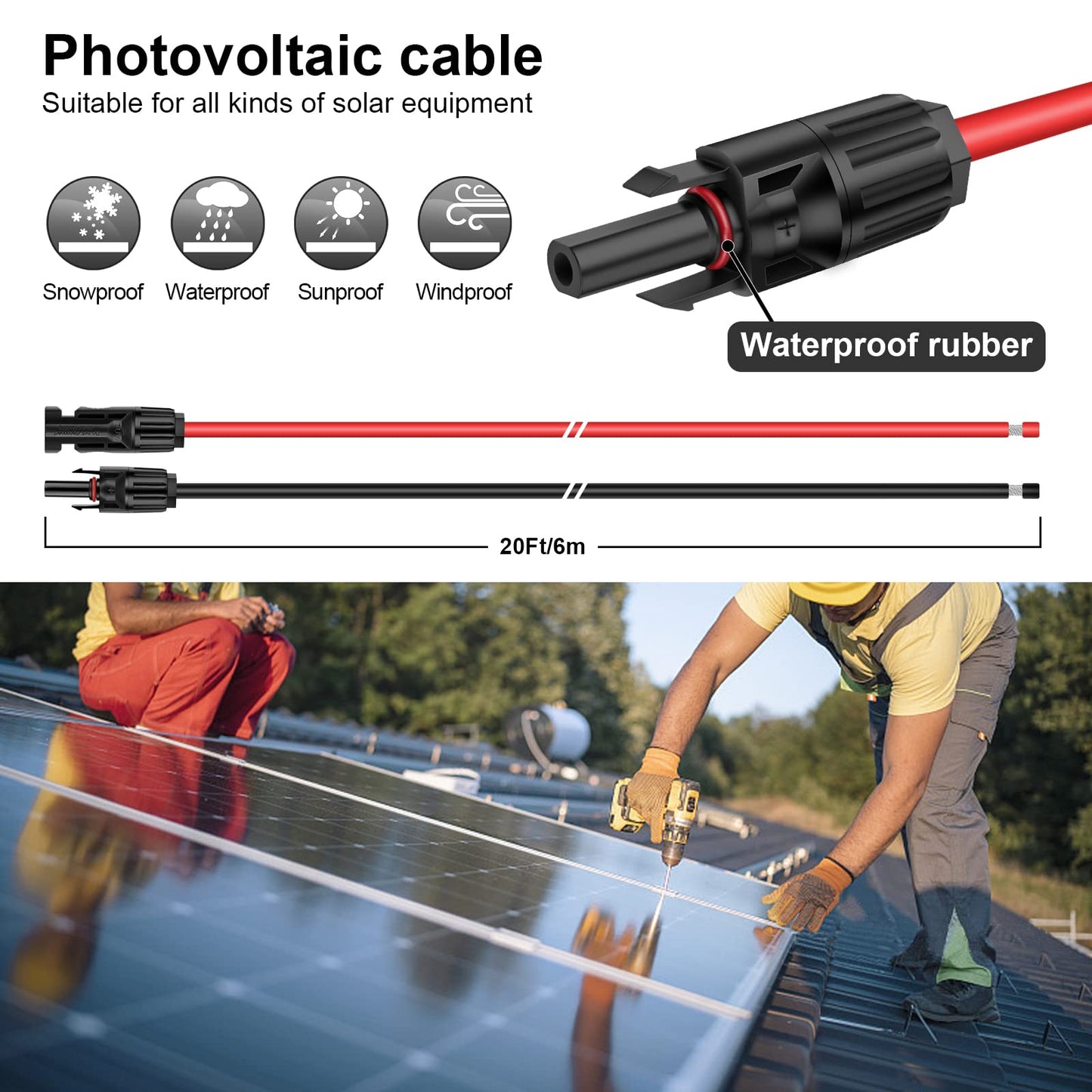 iGreely 20 Feet 10AWG Solar Extension Cable with Female and Male Connector Solar Panel Wire Adapter (20FT Red + 20FT Black)