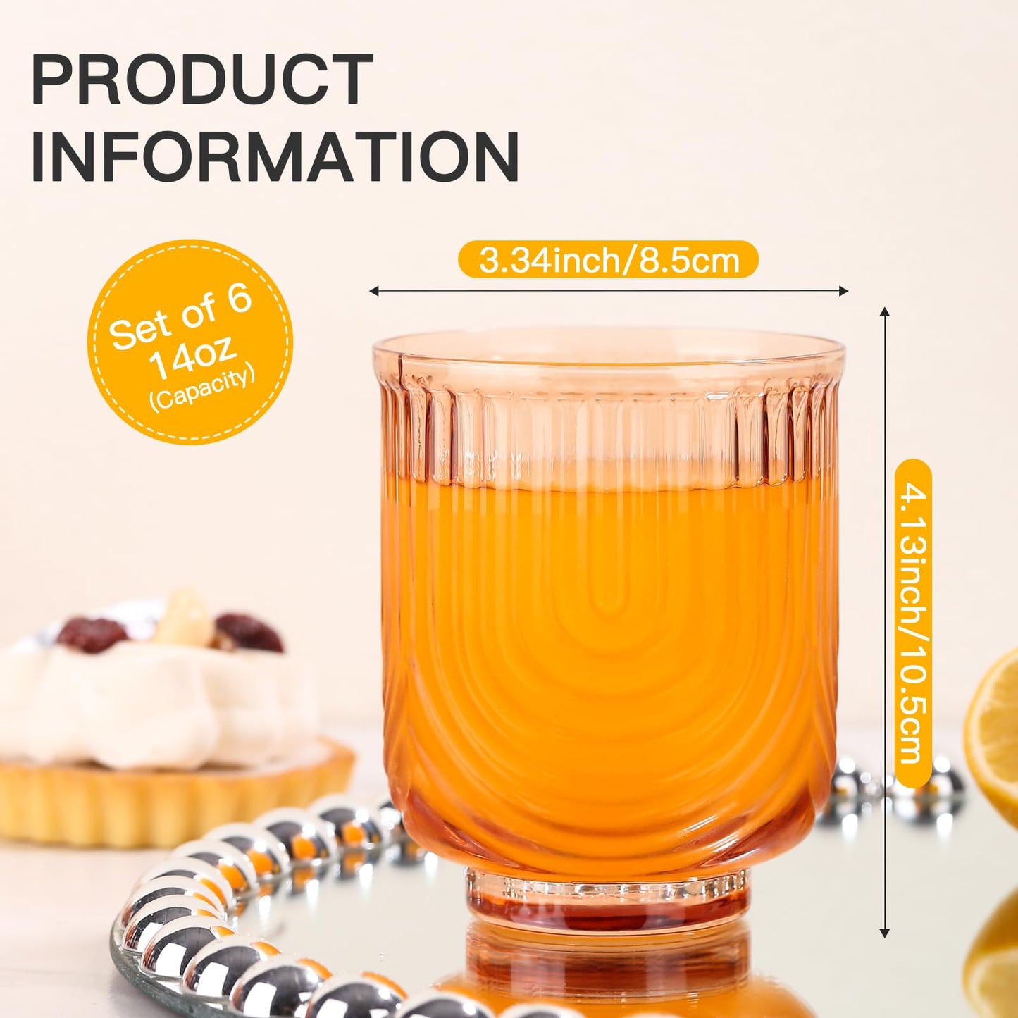 JOVGANK Amber Vintage Glassware Set of 6-14Oz Amber Water Drinking Glass, Art Deco Ripple Highball Glass, Whiskey Cocktail Glasses, for Bar Beverages Ice Coffee Juice, Housewarming Gifts