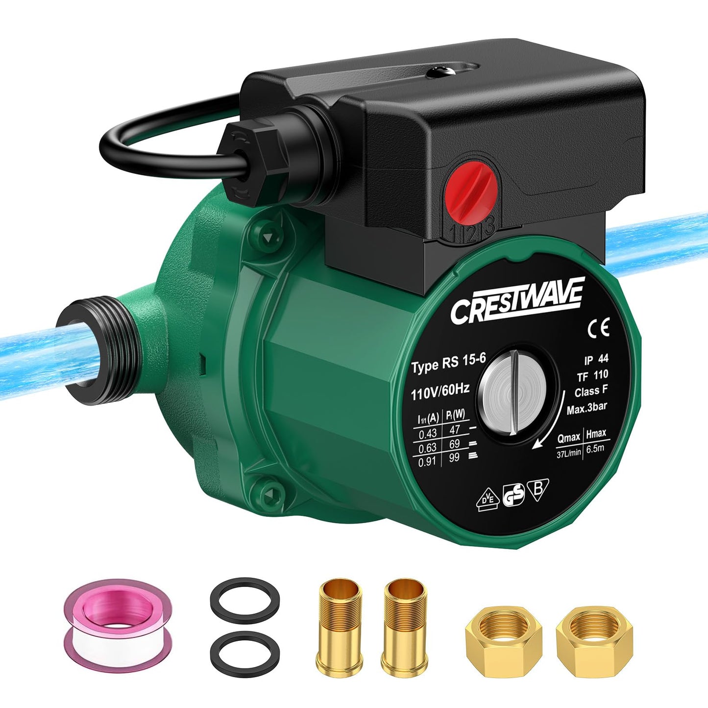 CrestWave Hot Water Recirculating Pump, 93W 110V Water Circulation Pump for Water Heater, 3-Speed-Control Durable Hot Water Pump for Domestic Electric Water Heater System