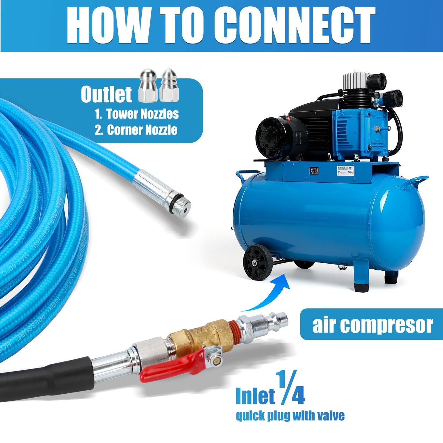 V2ine Cyclone Home Dryer Vent Duct Cleaning Kit：23feet Pressure Hose + 2 Jetter Nozzle + 1/4 Air Quick Connect+ Ball Valve