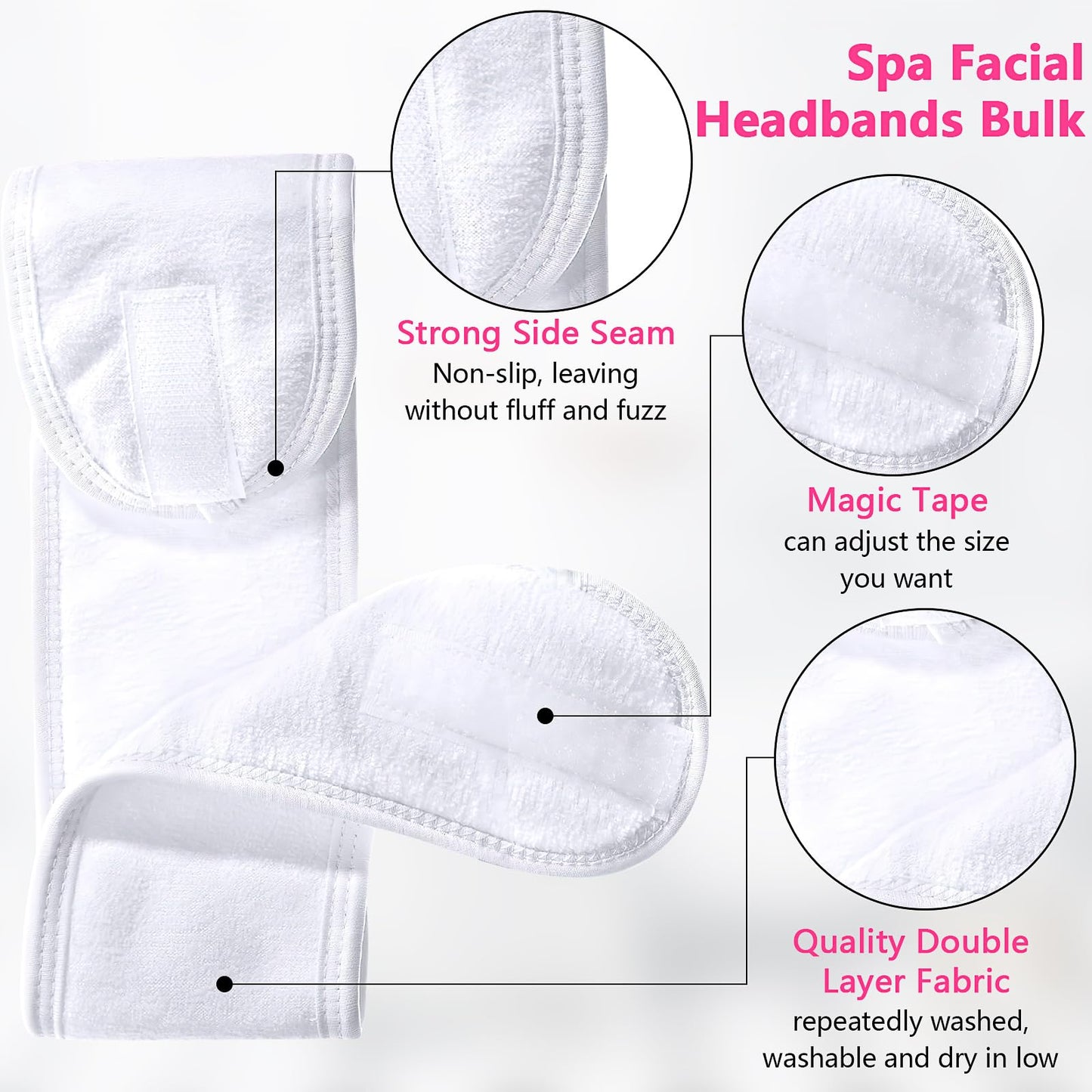 30 Pack Spa Headband Facial Esthetician Hair Wrap for Women Adjustable Makeup Sports Shower Stretch Towel with Tape