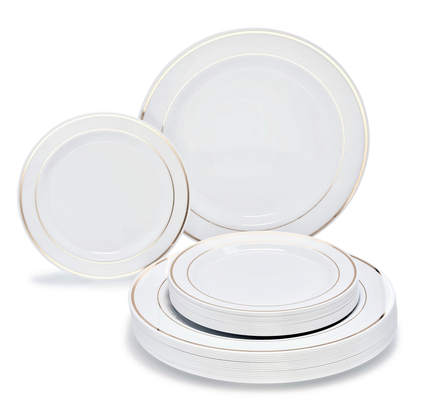 OCCASIONS 50 Plates Pack (25 Guests)-Heavyweight Wedding Party Disposable Plastic Plate Set -25 x 10.5 inch Dinner + 25 x 7.5 inch Salad/Dessert plates (White & Gold Rim)