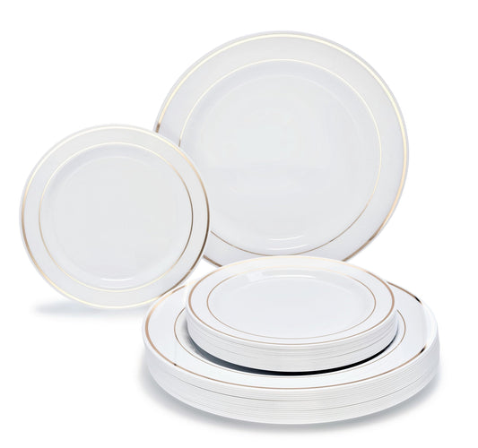 OCCASIONS 50 Plates Pack (25 Guests)-Heavyweight Wedding Party Disposable Plastic Plate Set -25 x 10.5 inch Dinner + 25 x 7.5 inch Salad/Dessert plates (White & Gold Rim)