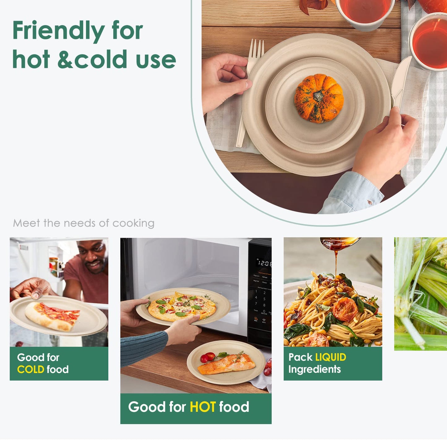 Gezond Compostable Paper Plates Set 300 Pieces Disposable Plates 10-inch Eco-Friendly Paper Plates Heavy-Duty Utensils and Napkins for Party, Made from Sugarcane Pulp