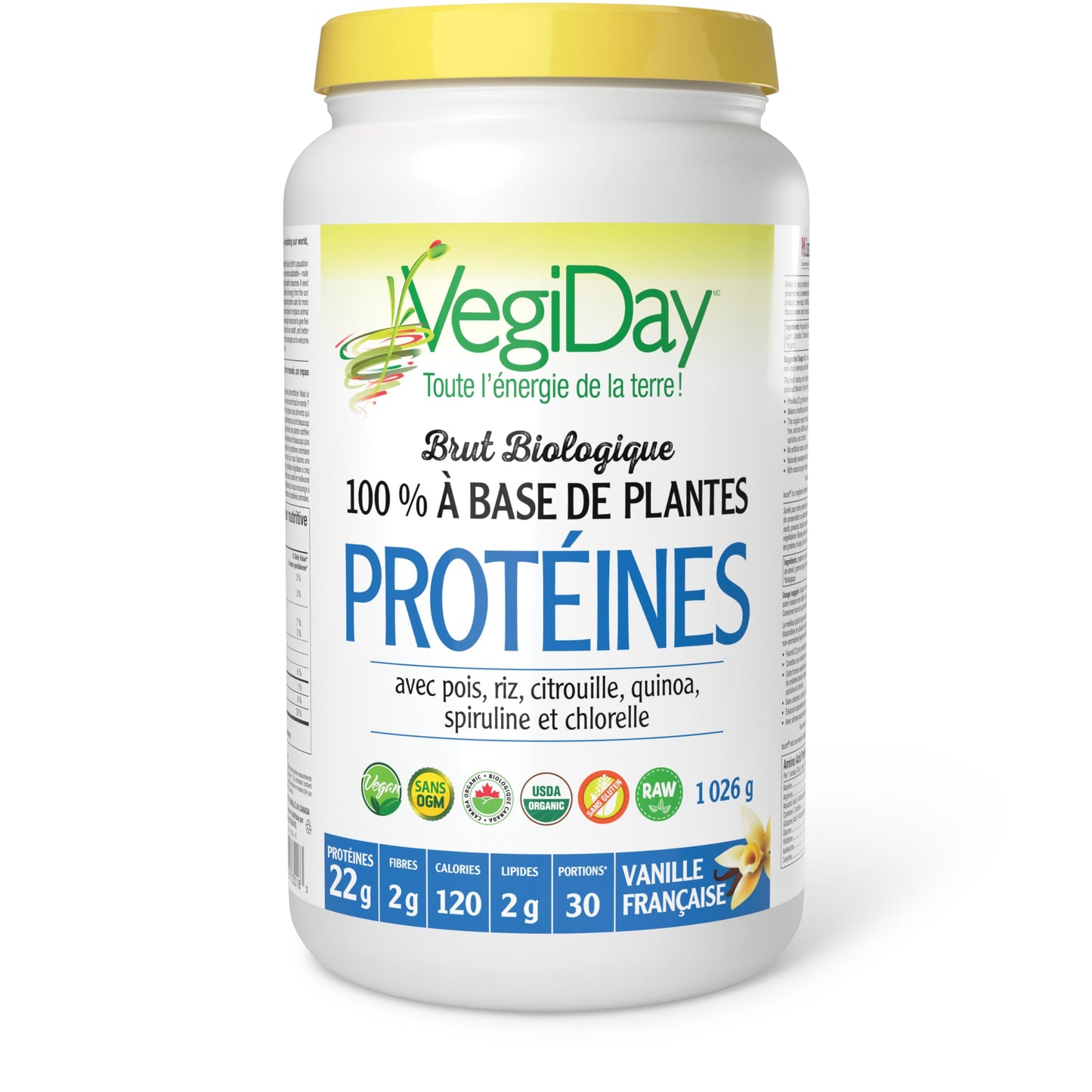 VegiDay Raw Organic Plant Based Protein 20g, French Vanilla, 1110g with Pea, Pumpkin, Chia, Quinoa, Spirulina & Chlorella