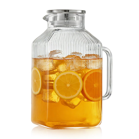 1 Gallon 128oz Square Glass Pitcher with Lid and Handle, Water Pitchers with Handle for Fridge, Borosilicate Glass Carafe with vertical stripe design for Hot/Cold Drink.