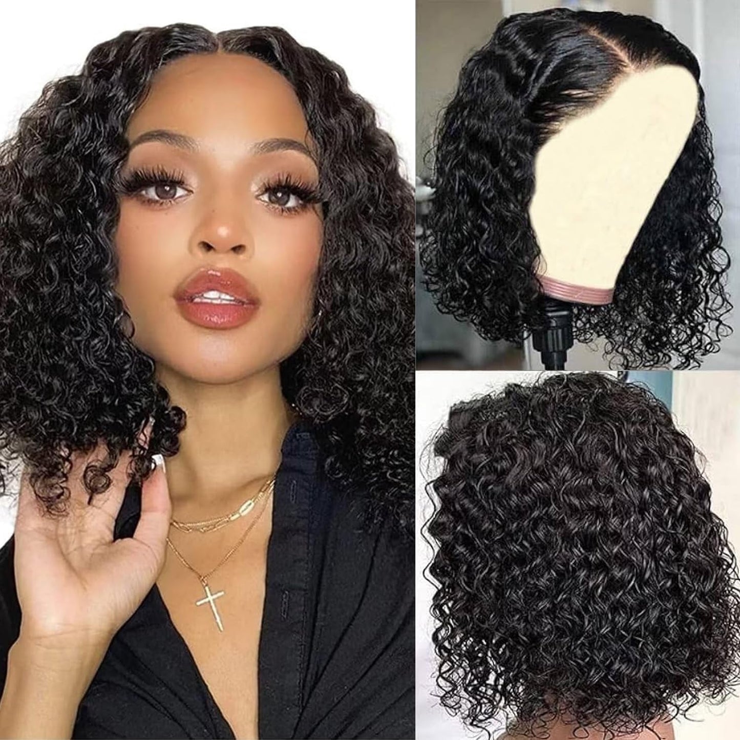 Bob Wig Human Hair 13x4 Deep Wave Curly Lace Front Wigs For Women Short Bob Wig Pre Plucked with Baby Hair Glueless Hair Curly Wigs Nature Hairline 150% Density Perruque Femme Humain (Natural balck 13x4 curly wig, 10 Inch)