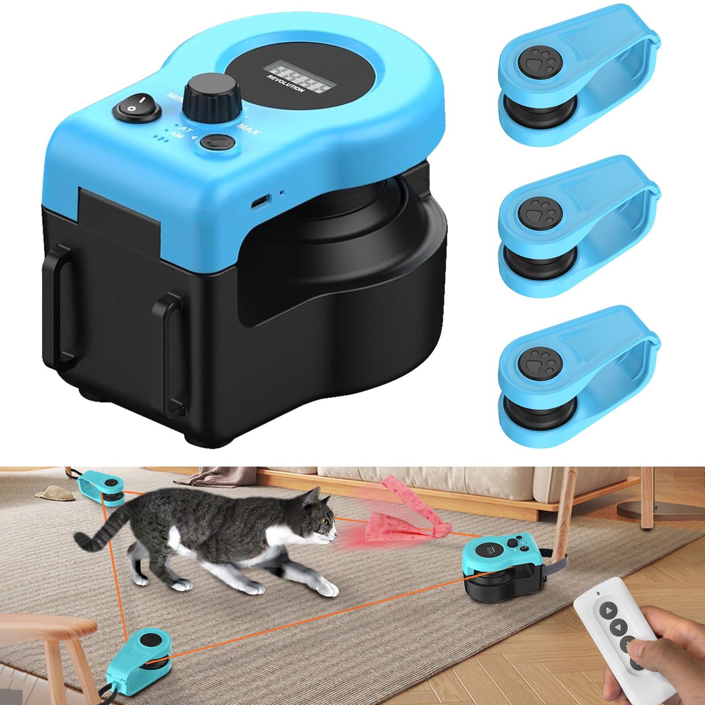 PAKESI Remote Control Interactive Cat Toy with Feather Attachment,New Adjustable Speed Cat Treadmill Moving Cat Toy,Pet Chase Toy with Simulated Mouse Sounds,Keep Your Kitty Active and Entertained