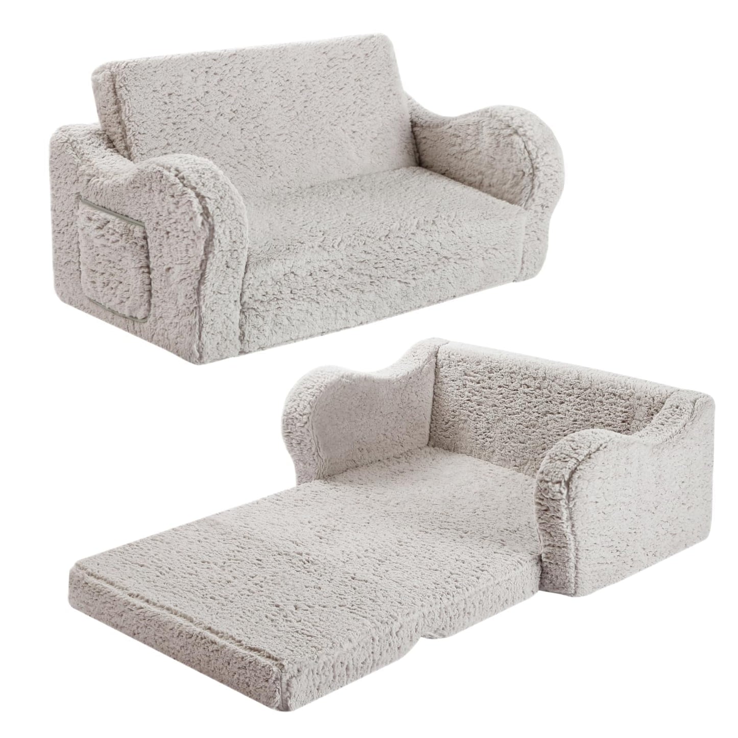 MOMCAYWEX Kids Sofa, 2-in-1 Flip-Out Foam Couch with Soft Sherpa Cover, Cozy Play Lounge Chair, Grey, Large