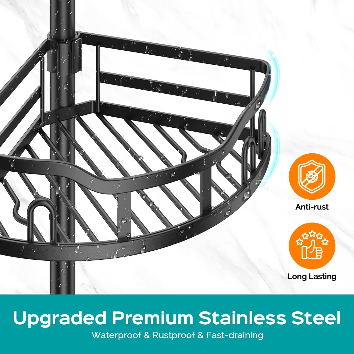 HAMITOR Corner Shower Caddy Tension Pole: High Capacity 4-Tier Rustproof Bathroom Organizer Shelves for Small Bathrooms - 47-121 inch Adjustable Floor Standing Bath Rack Holder - Black
