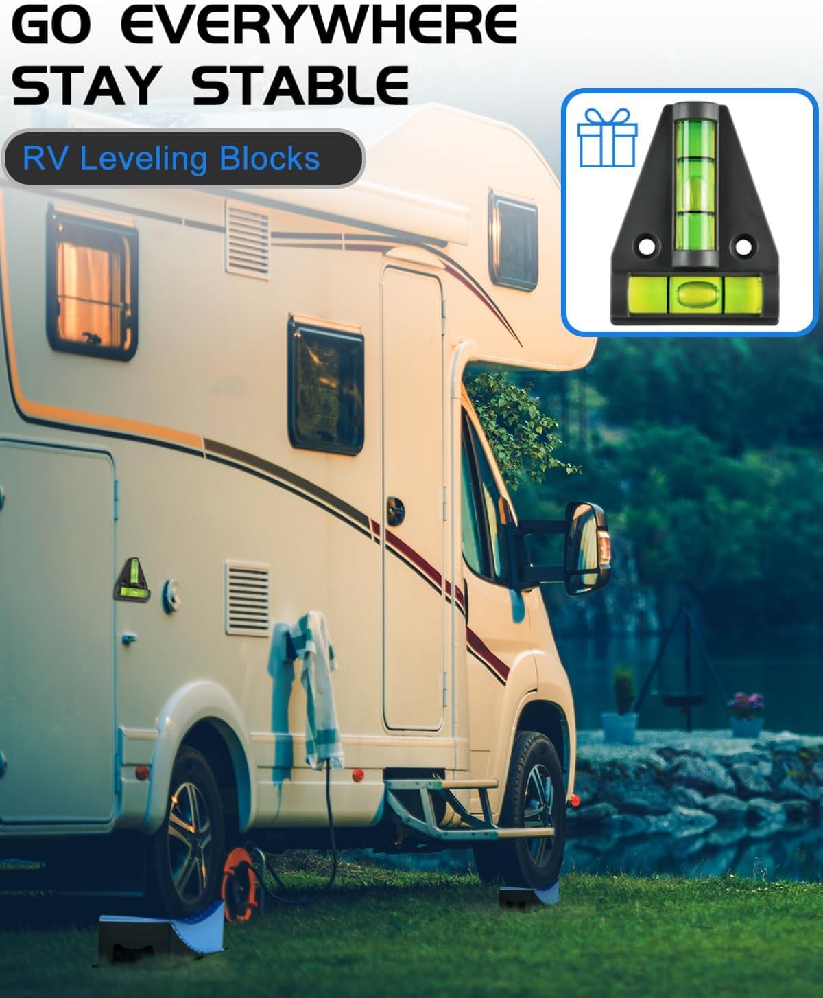 RV Leveling Blocks Ramp Kit, 2 Packs Camper Leveler System for Travel with Two Chocks, 2 Anti-Slip Mats, 1T Bubble Level and Carry Bag, Up to 35000 LBS, Easier & Faster to Level Camper-Blue
