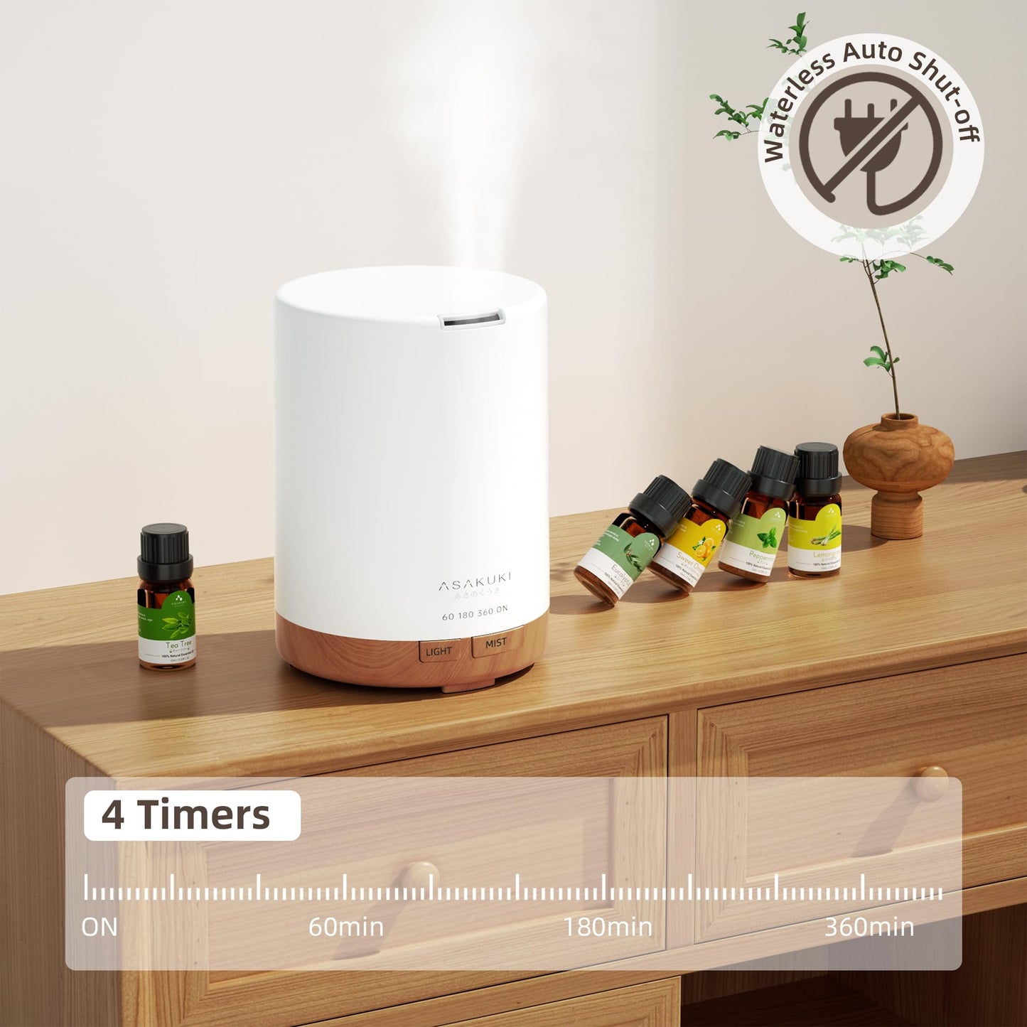 ASAKUKI 300 ml Aromatherapy Diffuser, Ultrasonic Cool Mist Essential Oil Diffuser with 7 Color Lights, Auto Shut-Off for Home Bedroom Office Gift Set