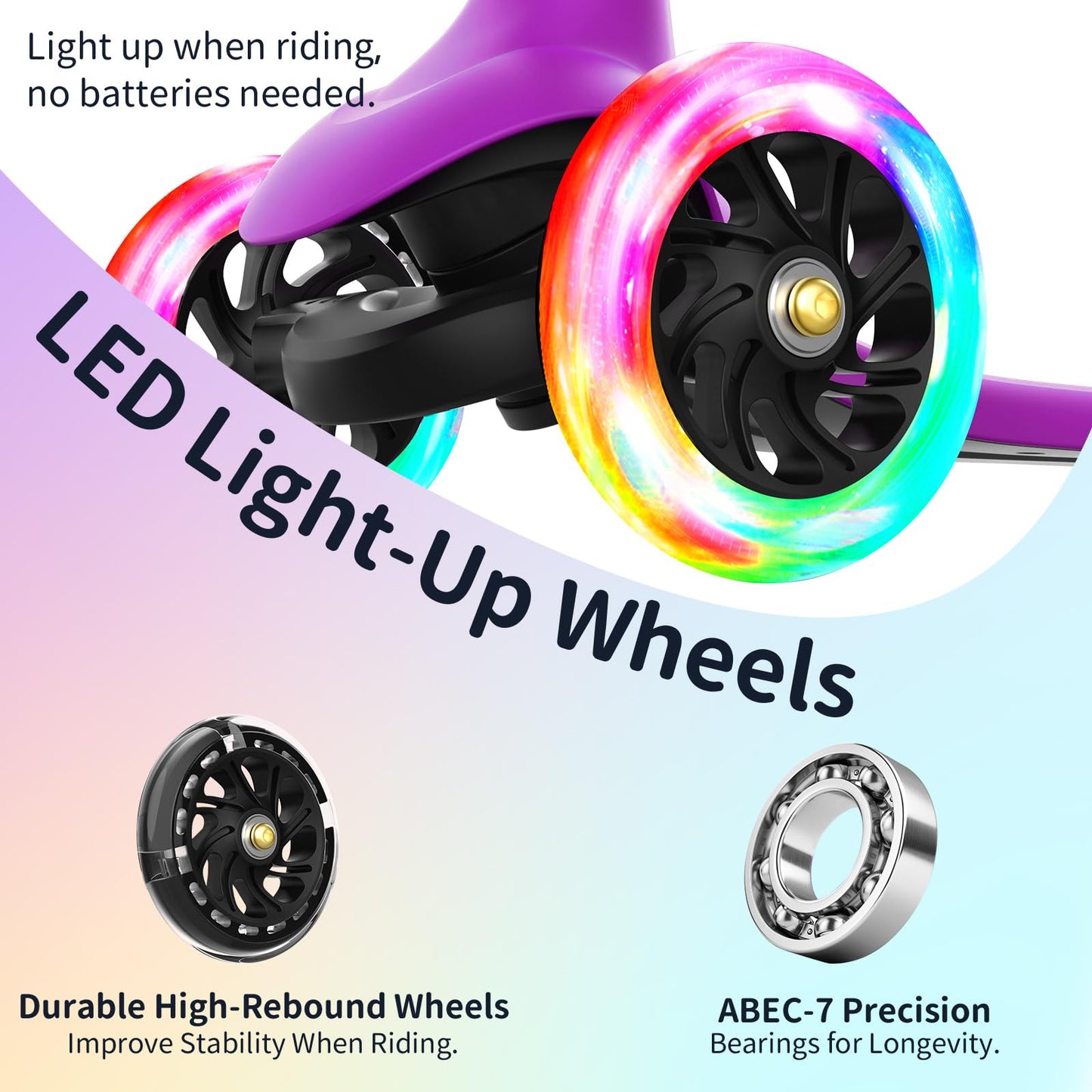 BELEEV A6 Scooter for Kids with Light-Up Deck & Wheels, 3 Wheel Kick Scooter for Toddlers Girls Boys Ages 3-8, 4 Adjustable Height, Non-Slip Deck, Lightweight Scooter for Children (Purple)