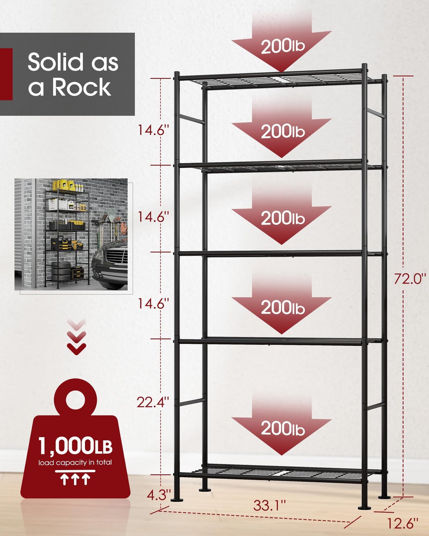 Sakugi 5 Tier Shelf - Heavy Duty Metal Storage Shelves with Adjustable Leveling Feet, Large Capacity Shelving Unit with Multiple Hooks for Kitchen, Pantry, Office (84 x 32 x 183 cm, Black)