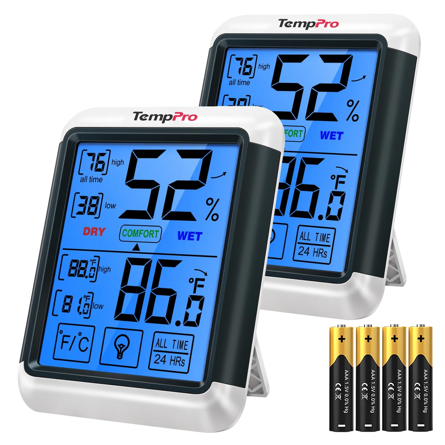 TempPro TP55 2 Pieces Digital Indoor Hygrometer Thermometer, 4-Inch Temperature/Humidity Monitor with Touchscreen&Backlit, Room Thermometer/Humidity Meter for Home Greenhouse (Previously ThermoPro)