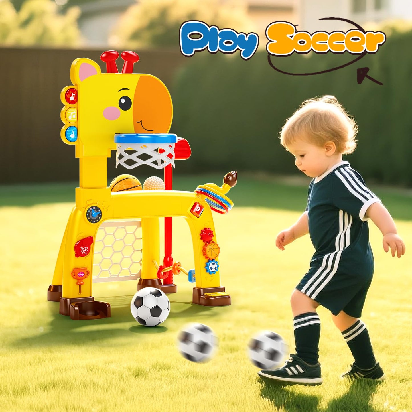 4-in-1 Toddler Basketball Hoop, Soccer Goal, Golf Toy & Ring Toss Game with Lights and Music, Kids Sports Activity Center Gifts for Boys and Girls Ages 1-3