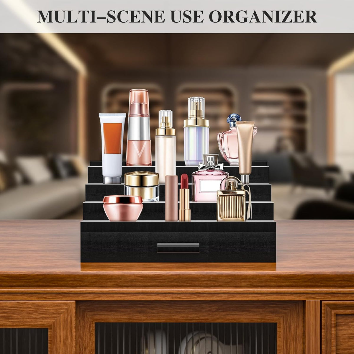 Wooden Cologne Organizer for Men 4 Tier of Elevated Cologne Display Shelf with Drawer Storage Perfume Organization and Storage Display Risers,Great Gift for Man (Black)