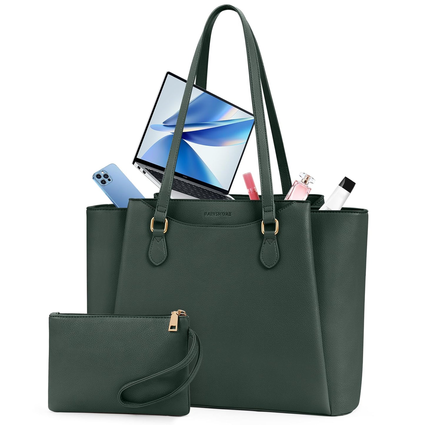 RAINSMORE Laptop Bags for Women 15.6 Inch Work Tote Bags Womens Laptop Purse Waterproof PU Leather Laptop Briefcase for Office Computer Bag Women Travel Handbag, Green