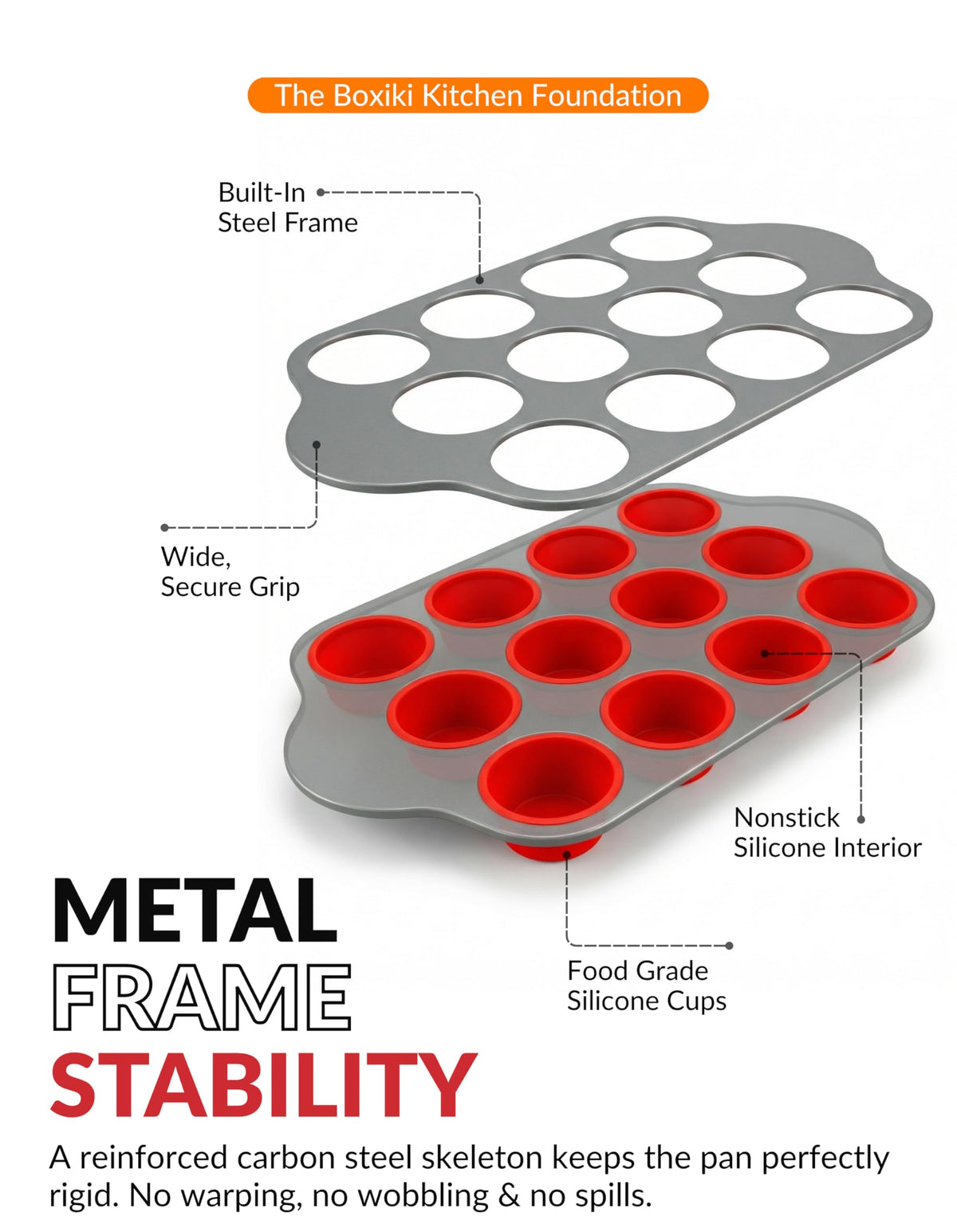 Non-Stick 12 Cup Silicone Muffin Pan with Steel Frame - BPA Free Non-Toxic Cupcake Pan with Easy-Release Textured Surface, Ergonomic Handles, Oven Freezer and Dishwasher Safe Bakeware