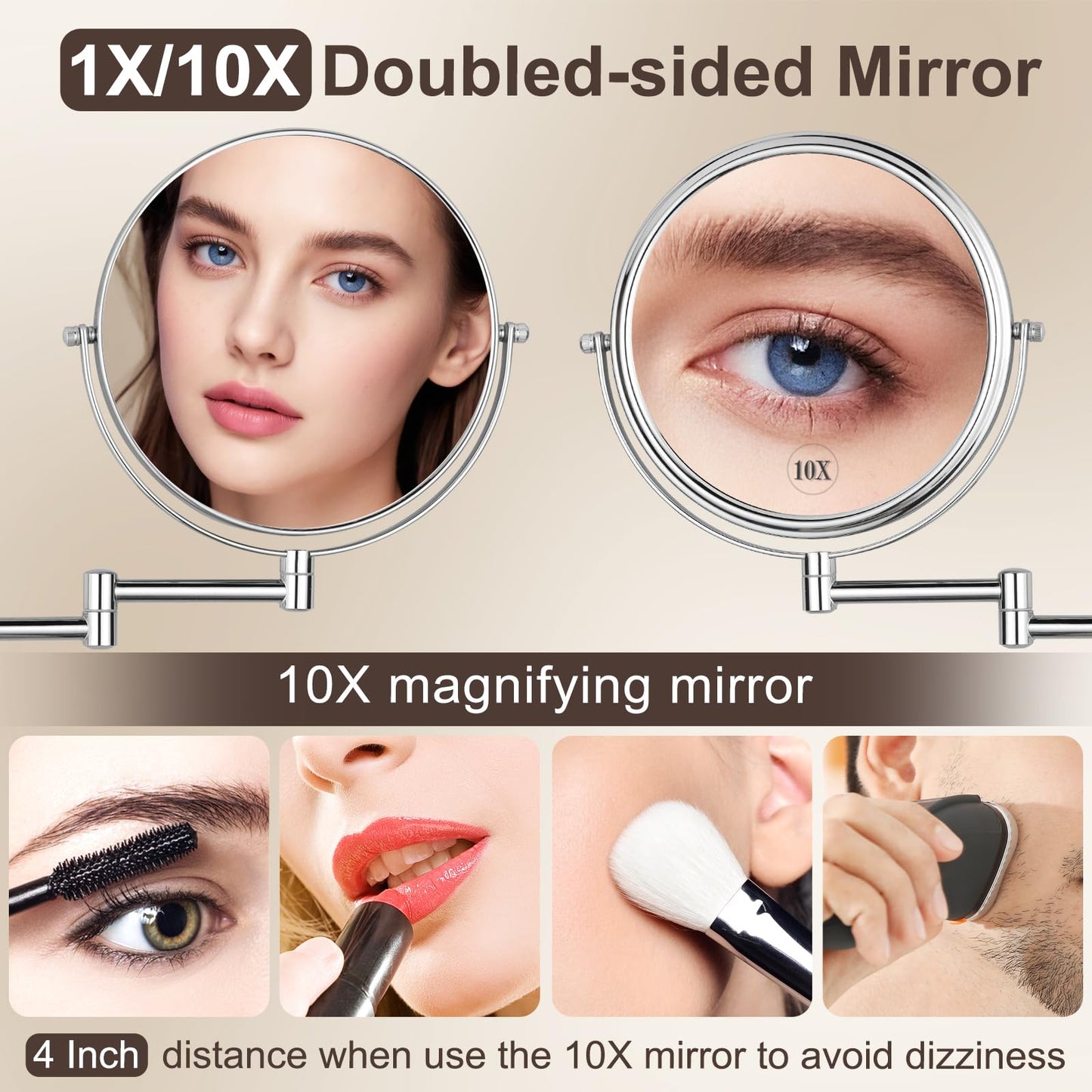Wall Mounted Makeup Mirror, 10X Magnification 8 Inch Double Sided Swivel Extendable Bathroom Mirror, Chrome DECLUTTR
