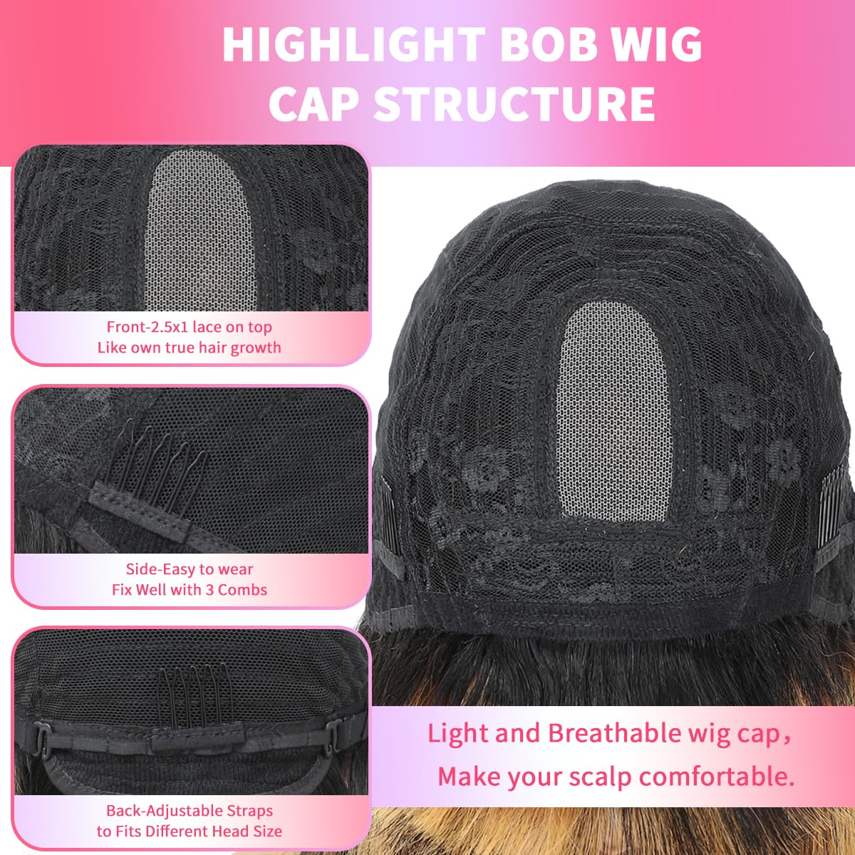 Bob Wig With Bangs Human Hair P4/27 Straight Wig Human Hair Short Human Hair Glueless Wear Wig Ombre Blonde Highlight Short Bob Wigs for Black Women 2.5X1 inch Bob Wig Human Hair 8Inch Short Bob