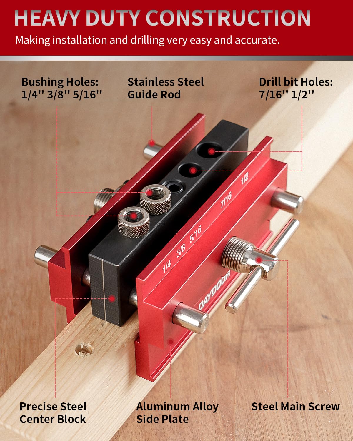 DAYDOOR 2.1" Self Centering Dowel Jig, Universal Capacity Doweling Jig & Drill Guide for Woodworking, Complete Kit with 6 Steel Bushings for Straight Holes(Red)