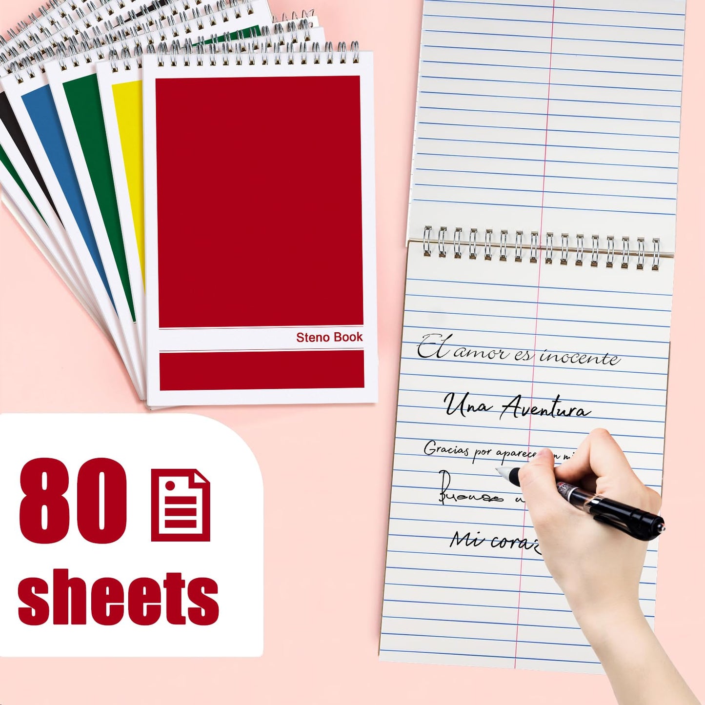 15 Pack Top Spiral Steno Pads, 6 x 9 inch Spiral Notebook Note Pads, White Paper Gregg Rule Bulk Steno Pads with 80 Sheets for School, University, College, Work, Office (5 Colors)