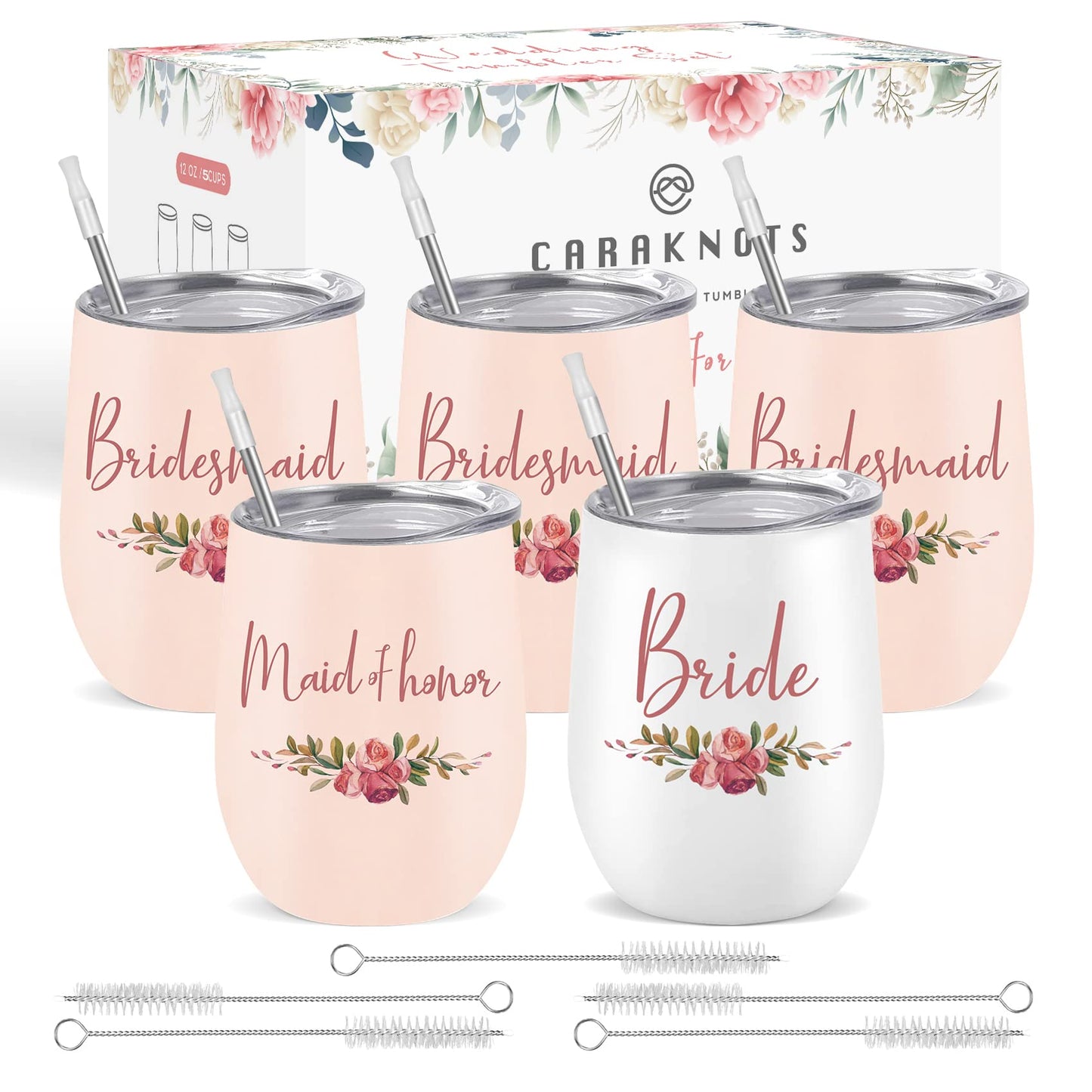CARAKNOTS Bridesmaid Proposal Gifts Bridesmaid Cups Set of 5 Wedding Tumbler for Bridal Shower Engagement Bachelorette Party Favor Maid Pink Stainless Steel Wine Tumbler with Lid and Straw 12 oz