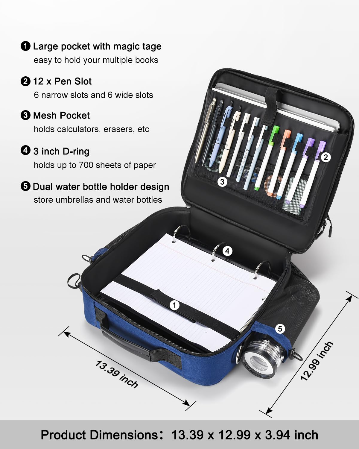 HINOOR 3 Inch 3-Ring Zipper Binder with Water Bottle Holder, D-Ring Zip Up Binder with Shoulder Strap, 700 Sheet Capacity, Compatible with 13" MacBook/Tablet, for School, Office (Dark Blue)