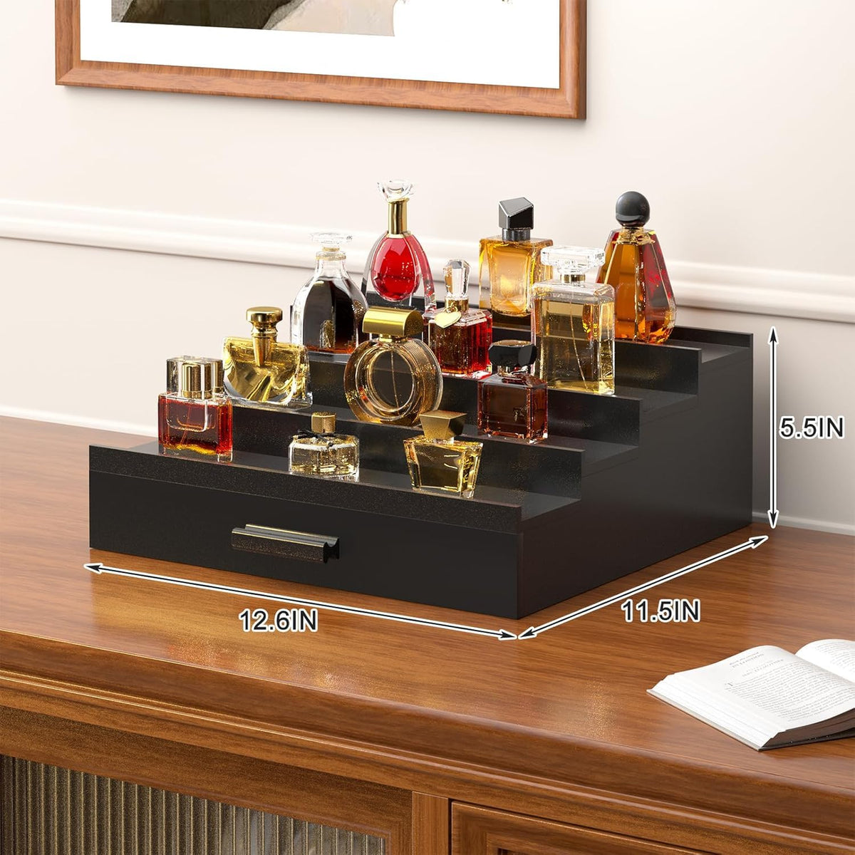 Wooden Cologne Organizer for Men 4 Tier of Elevated Cologne Display Shelf with Drawer Storage Perfume Organization and Storage Display Risers,Great Gift for Man (Black)
