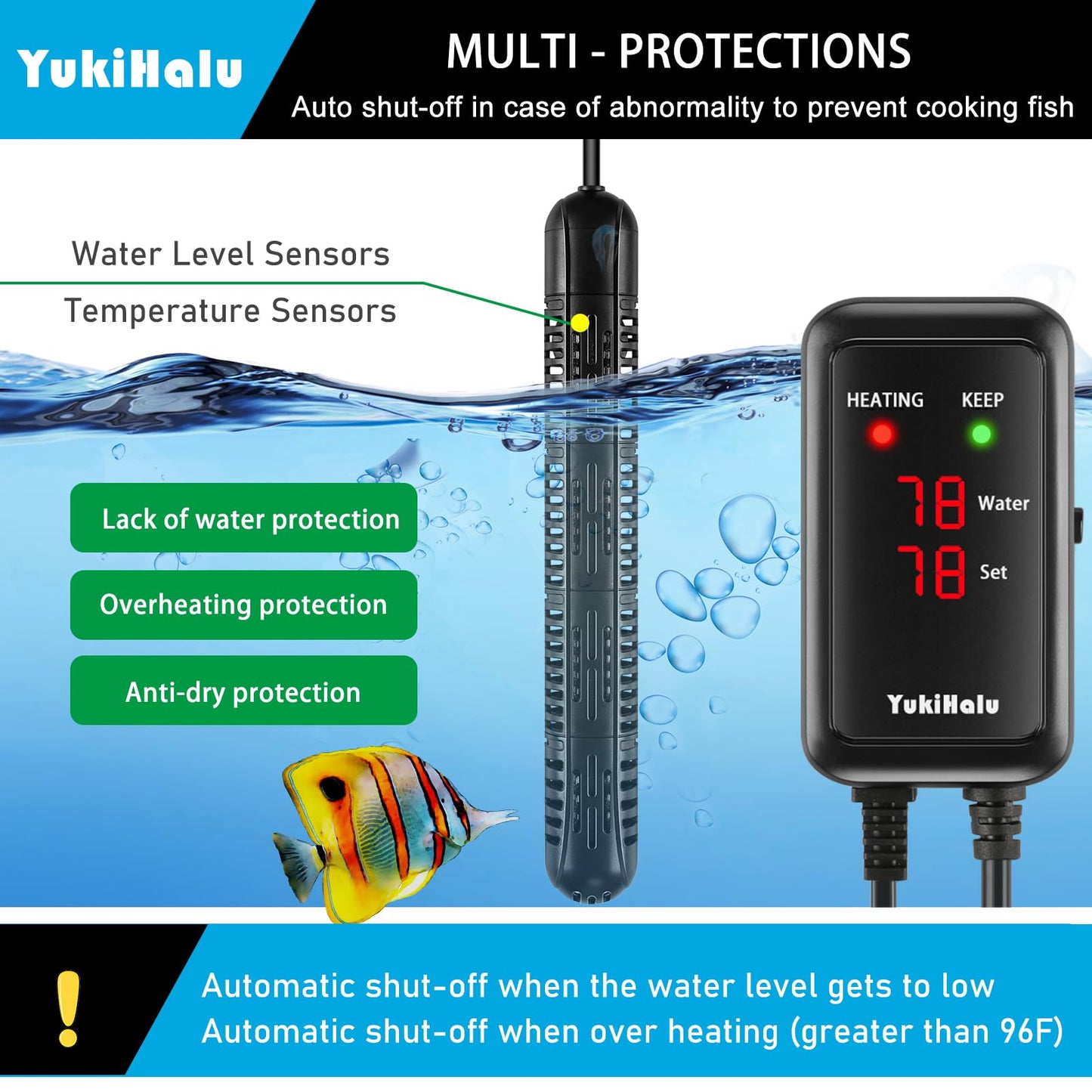 YukiHalu Aquarium Heater 50/100/200/300/500W with Protective Case, Fish Tank Heater, Temperature Adjustable, External Temperature Controller, LED Display, Used for 10/20/40/75/120 Gallons (300W)