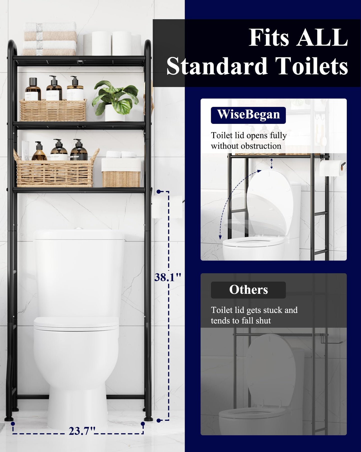 Kitsure Over Toilet Storage Rack – 3-Tier Black Metal Bathroom Organizer Shelf with Toilet Paper Holder & Hooks, Space-Saving Over the Toilet Cabinet for Laundry Room or Washroom, 63.2" H