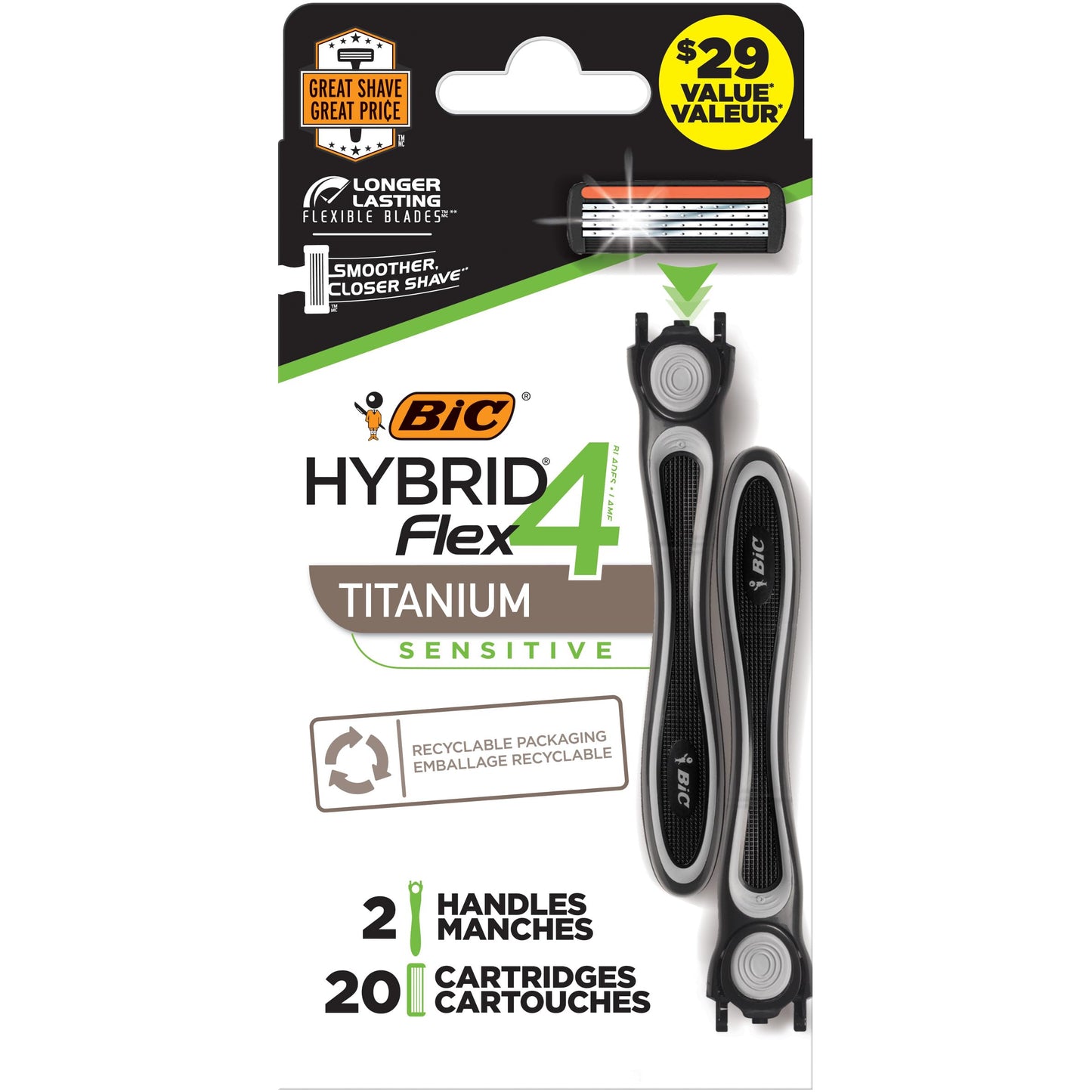 BIC Flex 4 Hybrid Men's 4-Blade Disposable Razor, 2 Handles and 20 Cartridges, Smooth and Close Shave
