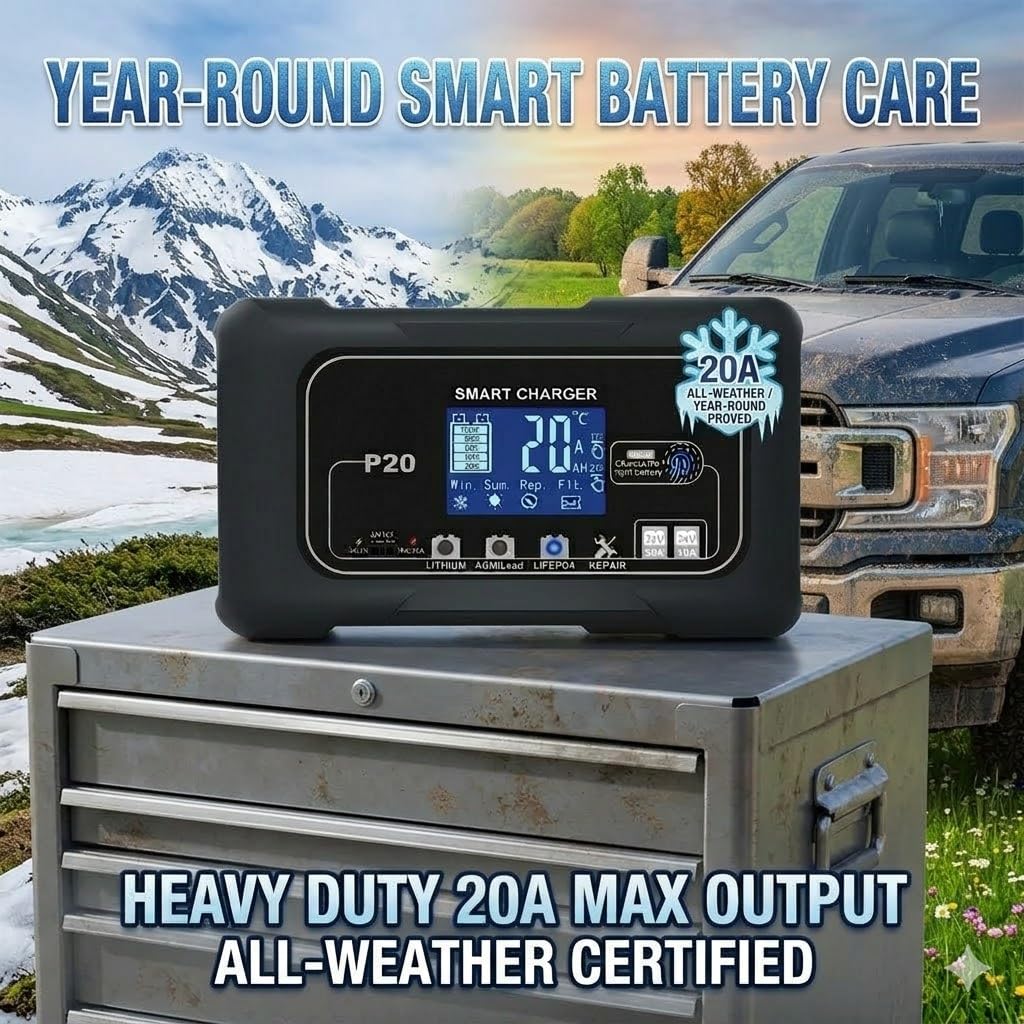 Battery Charger 0-20A,12V/24V Lead Acid Fully Automatic Battery Maintainer, Car Battery Trickle Charger Automotive w/Repair for Lithium,LiFePO4,AGM, STD, Gel, Deep Cycle Batteries