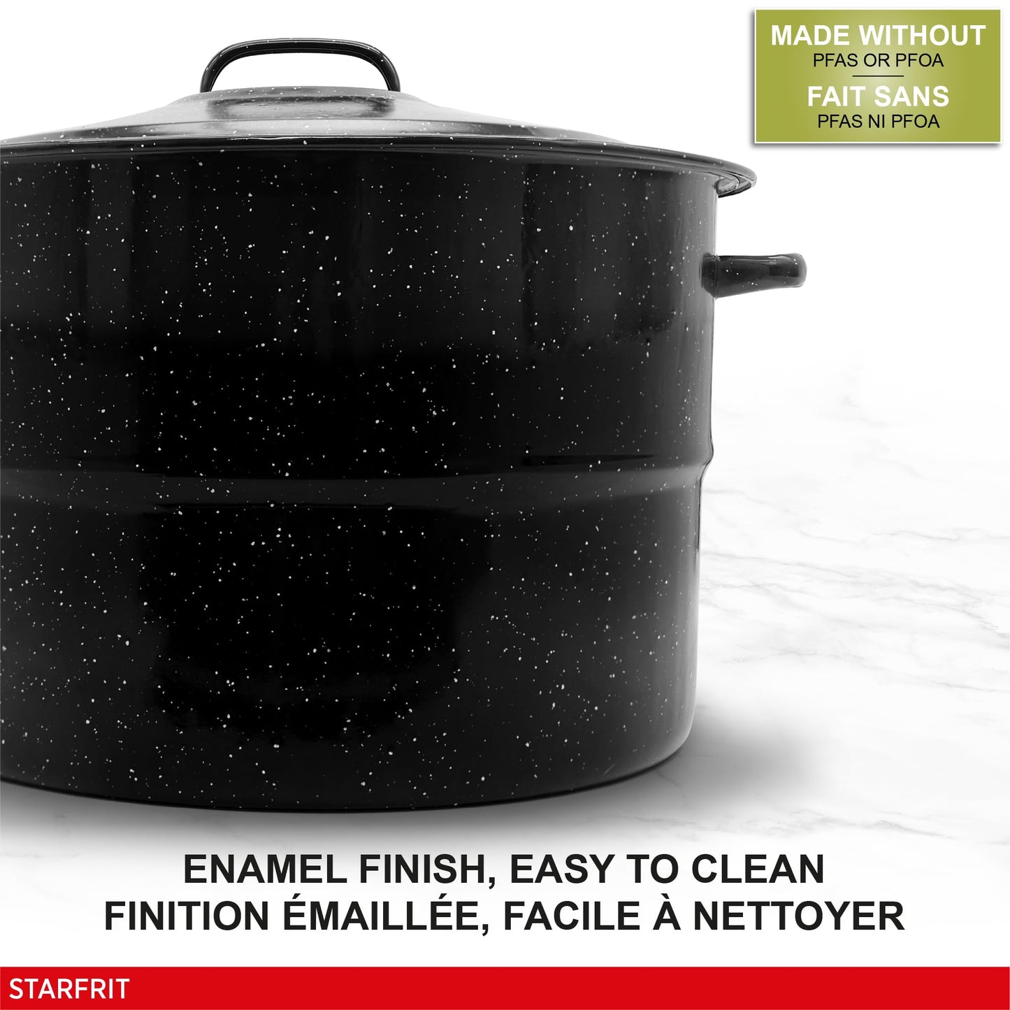 Starfrit 19.9L (21Qt) Carbon Steel Stockpot with Canning Rack and Lid - Enameled Exterior - Oven Safe - PFOA & PFAS Free - Easy to Clean - Black