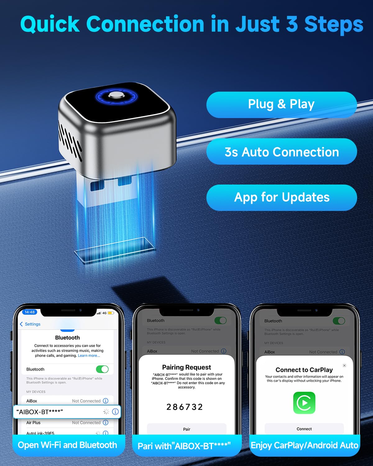 Ultra Mini Android Auto & CarPlay Wireless Adapter, One-Click Switch, 3s Auto Reconnect，Latest A9 Chip 5.8GHZ WiFi, 5.4 Bluetooth, USB-C/USB-A/Extension Cable, Compatible with iOS10+, Android 10+
