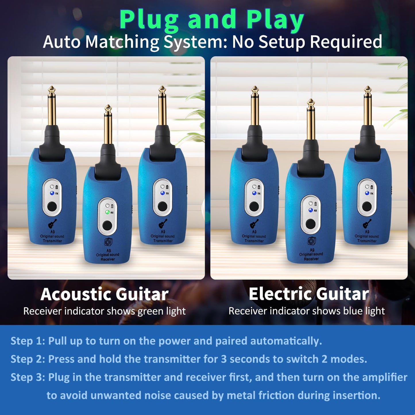 WENTELMUSIC A9 Wireless Guitar System - 2.4GHz, 24-bit 48KHz Audio, 100ft Range, No Latency, 4-Hour Rechargeable Battery, Blue, for Electric Guitar Bass(Blue(2TX+1TX))