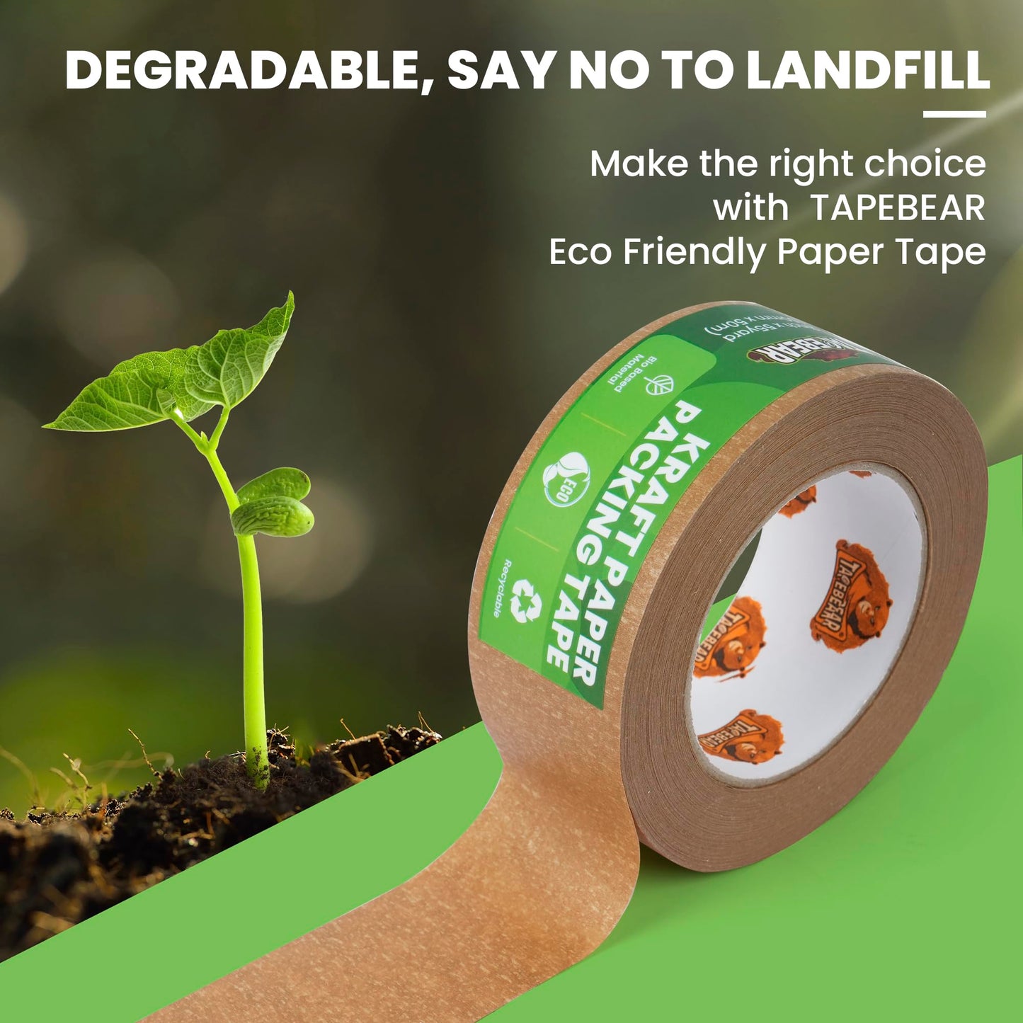 TAPEBEAR Eco-Friendly Kraft Paper Packing Tape, Biodegradable Heavy Duty 50mm x 50m, Recyclable Box Packaging Tape Self Adhesive for Shipping, Sealing, Moving & Masking, 6Rolls
