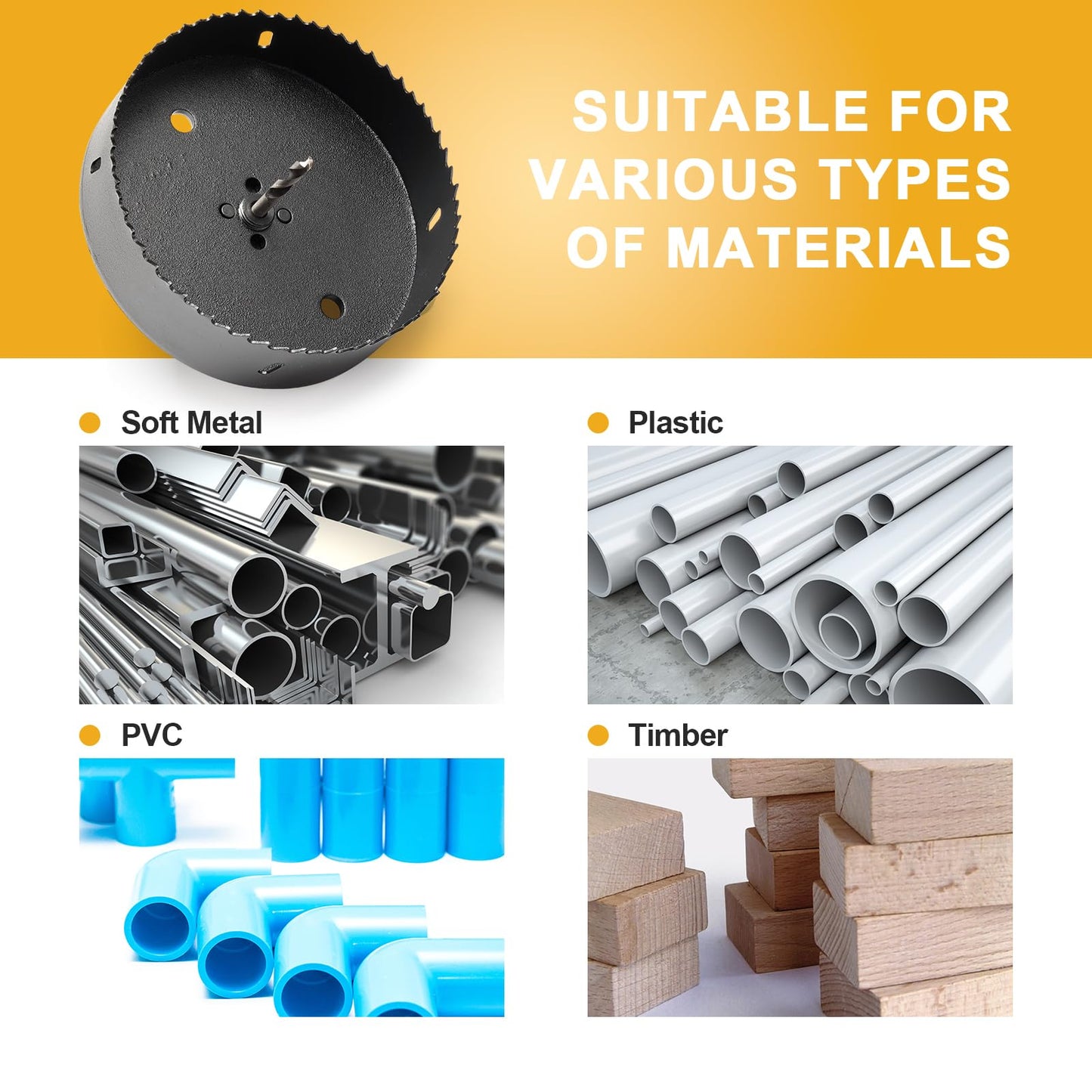 8 inch Hole Saw Drill Bit for Metal and Wood, M42 Bi-Metal Hole Cutter with 1.5” Cutting Depth for Plywood, Fiberglass, Acrylic, Drywall and Sheet Steel
