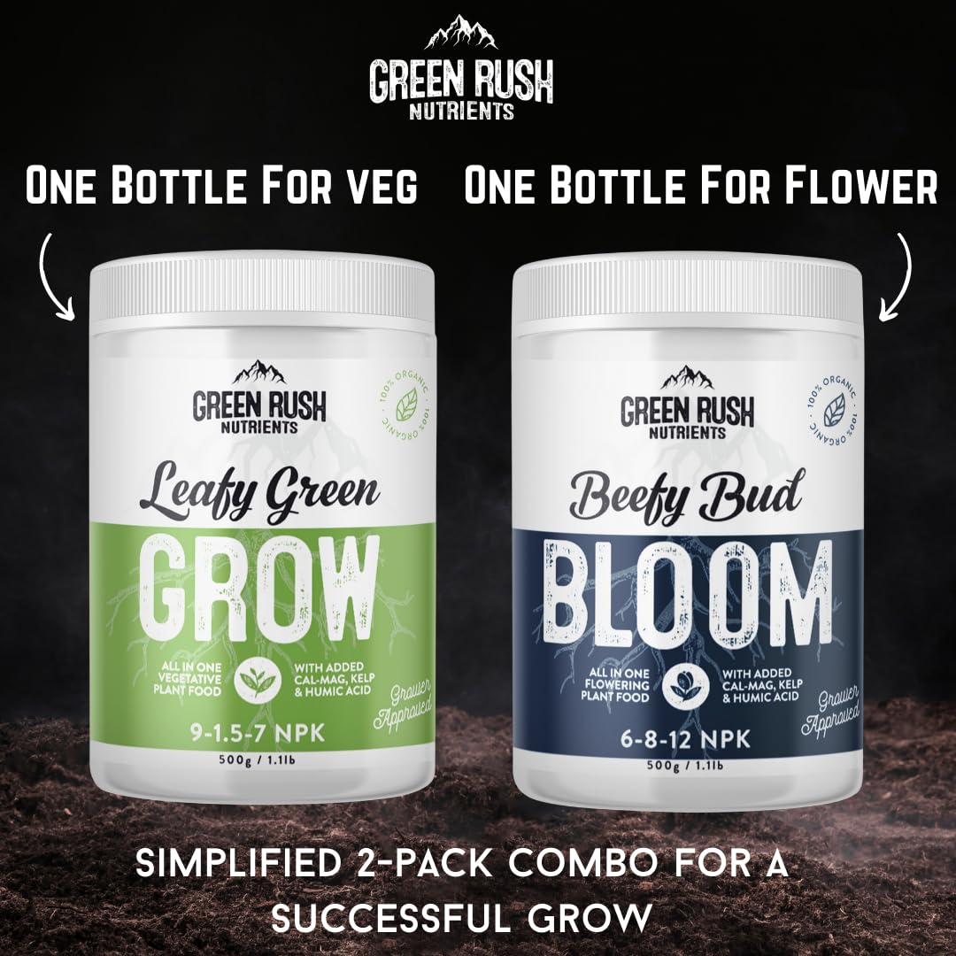 Green Rush Nutrients Organic Double Pack - Leafy Green Grow & Beefy Bud Bloom Combo for Veg & Bloom (500g Each)