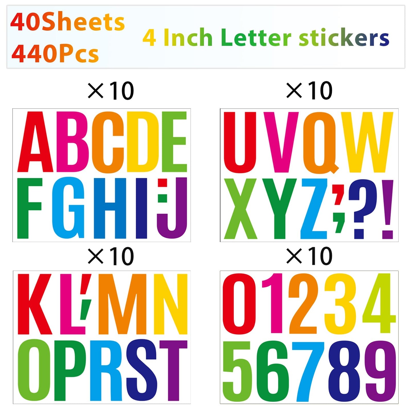 440 Pcs 40 Sheets 4 Inch Large Letter Stickers Bulletin Board Letters Mailbox Numbers Stickers for Mailbox, Signs, Window, Cars, Trucks, Home, Classroom, Business, Address Number (4 Inch, Colorful)