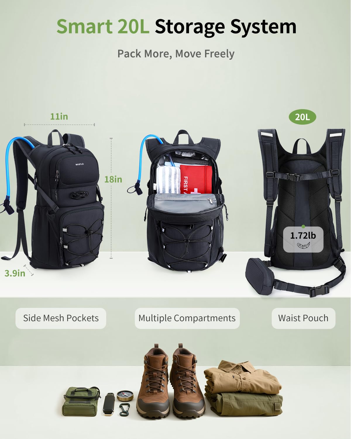 ECOHUB Hydration Backpack for Men Women, 20L Lightweight Hiking Daypack Cycling Backpack with 2L Water Bladder, Insulated Hydration Pack with Waist Pack