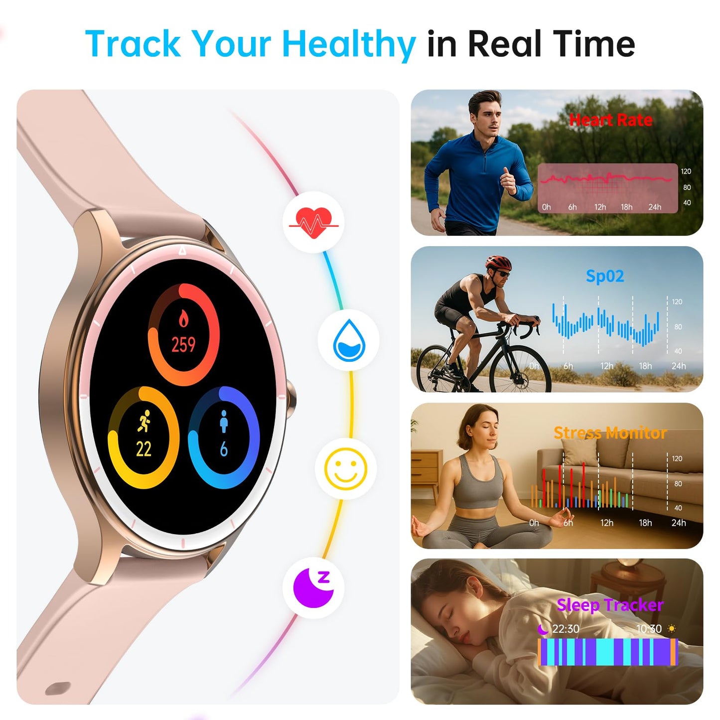 Smart Watch for Men Women, 1.27" HD Touchscreen Fitness Tracker, Bluetooth Calling, 100+ Sports Modes, Heart Rate Sleep Monitor, DIY Dial, IP68 Waterproof, Compatible with Android & iOS