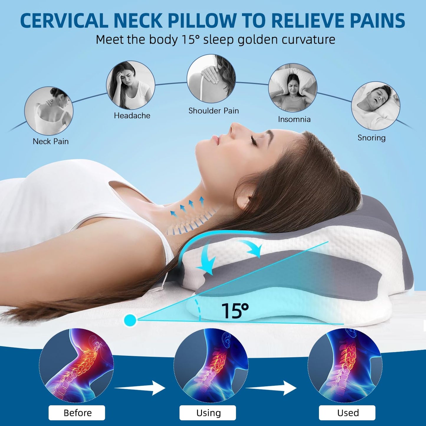 Cervical Neck Pillow, Memory Foam Pillows for Neck and Shoulder Pain Relief, Ergonomic Neck Support Pillow with Breathable Ice Silk Pillowcase, Contour Orthopedic Pillow for Side Back Stomach Sleeper