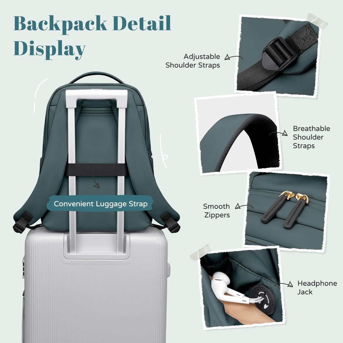 Multifunctional Laptop Backpack for Work Travel Leisure Water-Resistant Multiple Compartments Business Backpack for Women Fits 15.6 Inch Notebook (Atrovirens)
