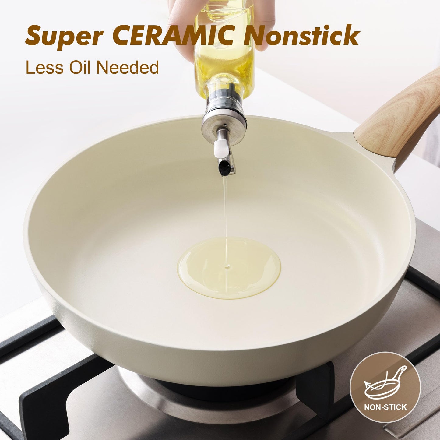 SENSARTE Ceramic Nonstick Frying Pan Skillet with Lid, 9.5/11/12.5 Inch Non Stick Pan Wok, Healthy Kitchen Cooking Sauté Pans, Free of Intentionally Added PFOA/PFAS/PTFE, Induction Compatible, White