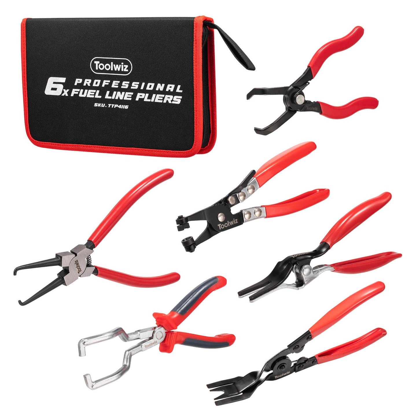 Toolwiz 6 pcs Fuel Line Pliers Set, Hose Clamp Plier, Panel Removal Tool, Hose Removal Plier, 30 Degree Push Pin Pliers, 2 pc 9" Electrical Disconnect Tool for Automotive Repair with Storage Bag