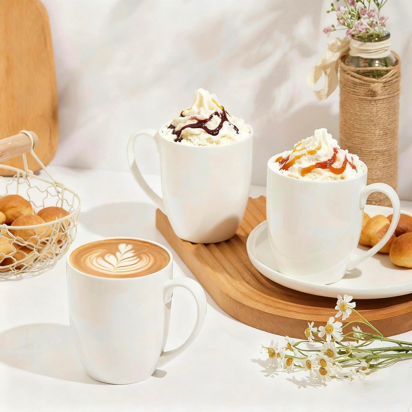 AntoKueh 16OZ White Ceramic Coffee Mugs, Porcelain Mugs Set of 6 with Handle for hot Cocoa, Tea, Milk, Cappuccino, Microwave Safe