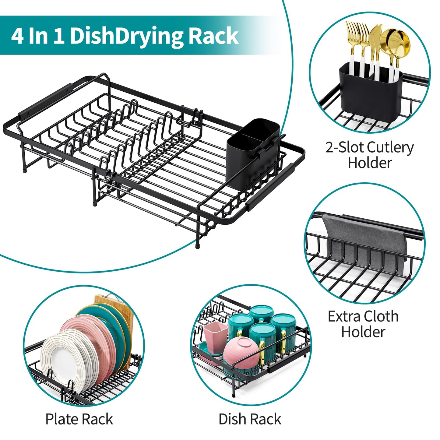Urackify Expandable Dish Drying Rack Over The Sink, Adjustable Dish Rack in Sink, Rustproof Dish Drainer for Kitchen Counter, Dish Strainer with Utensil Holder, 13.07" ~ 21.2" X 11.2" X 3.2", Black