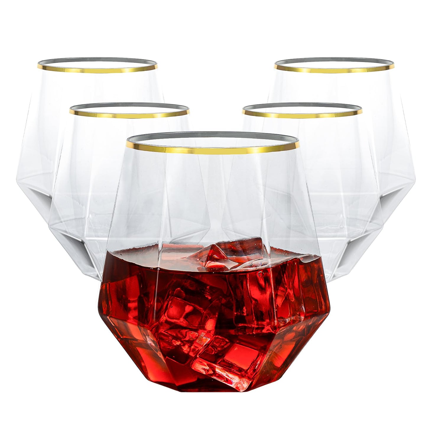 Goodluck 40 PCS Diamond Stemless Plastic Wine Whiskey Glasses, 12 Oz Disposable Cocktail Glasses, Suitable for Weddings, Birthday Parties, Family Gatherings, Bars, etc （Gold Rimmed Cups）